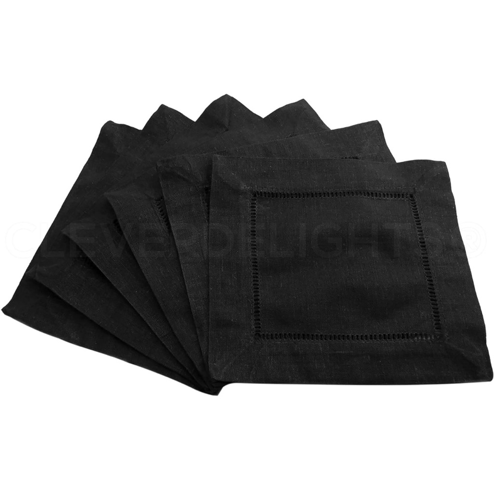 CleverDelights 6" Black Linen Hemstitch Cocktail Napkins 12 Pack
